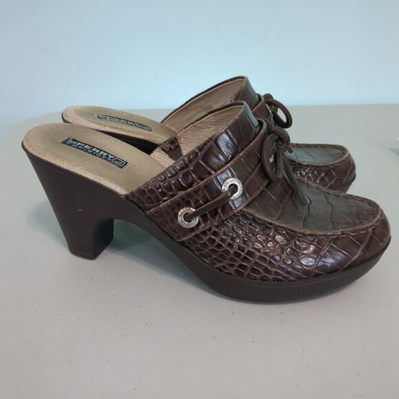 Sperry Top Sider Mule Brown Leather Croc Print Tie Platform Block Heel 7.5 - Picture 1 of 5